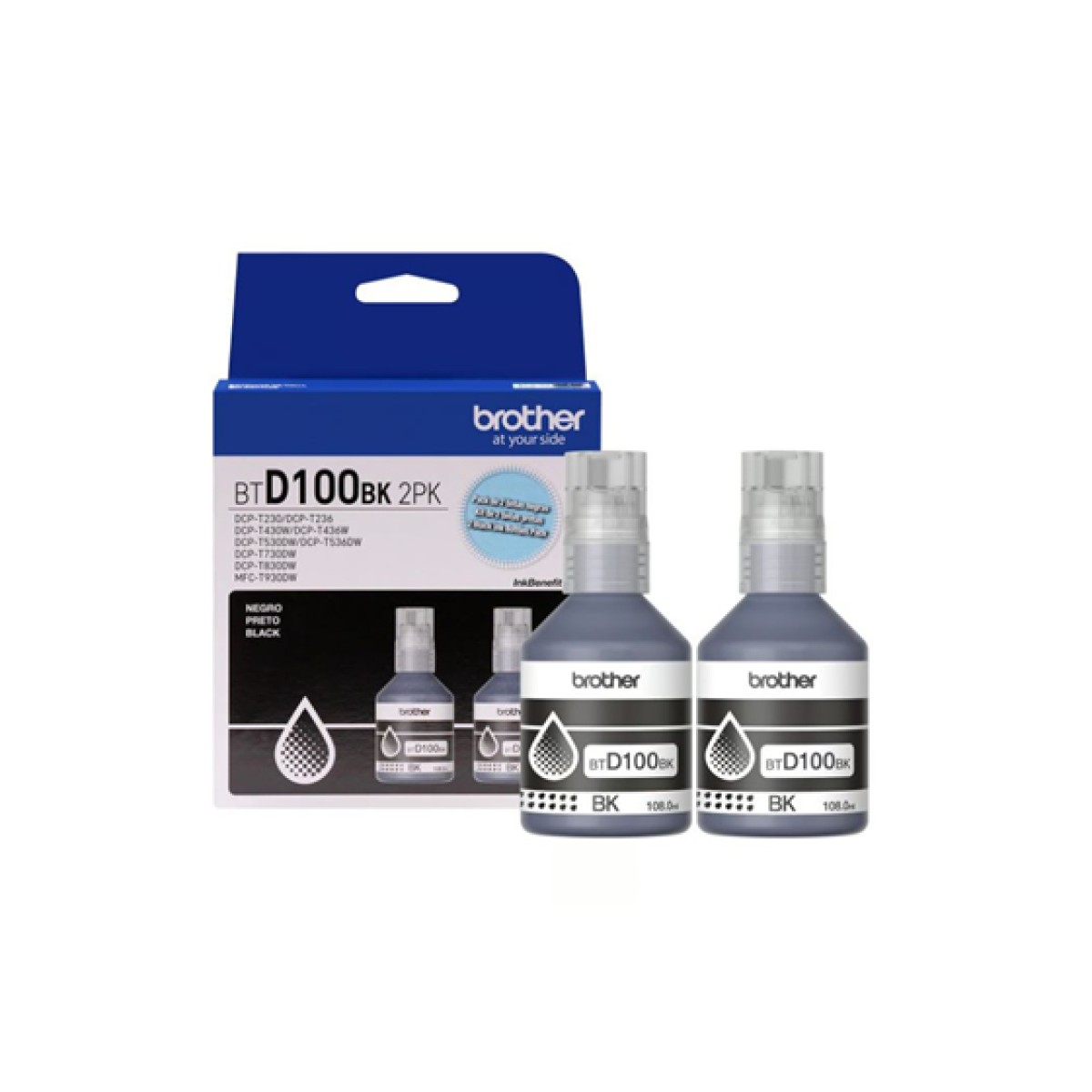 Kit De 2 Botellas De Tinta Brother Btd100Bk2Pk Negro 108Ml